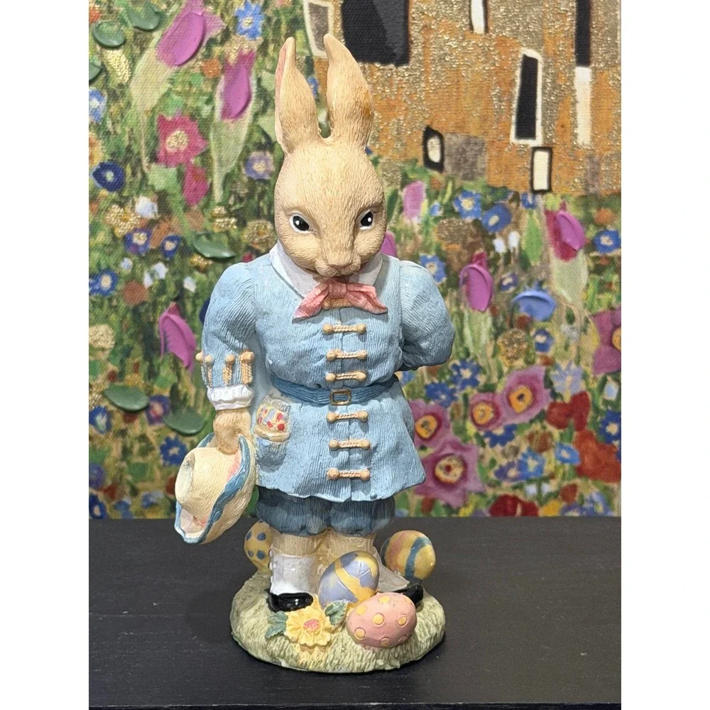 Bently Bunny 1994 Easter Bunny Rabbit Figurine Blue Coat Eggs‎ Flowers Gentleman
